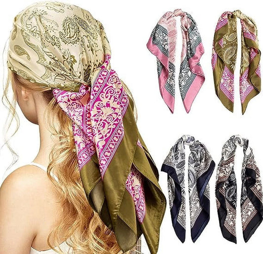 35'' Satin Head Scarf for Women, 4PCS Large Square Hair Scarf Silk Bandana Scarf for Hair Wrapping at Night