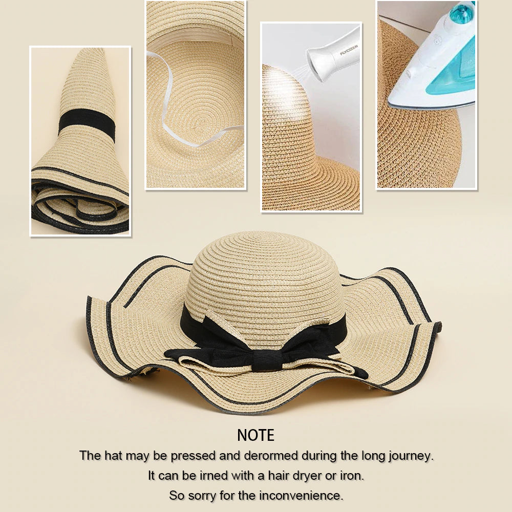 Summer Hats for Women Sun Hat Beach Ladies Fashion Flat Bowknot Panama Lady Casual Sun Hats for Women Straw Hat