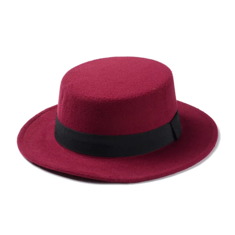 New Fashion Wool Pork Pie Boater Flat Top Hat for Women'S Men'S Felt Wide Brim Fedora Gambler Hat