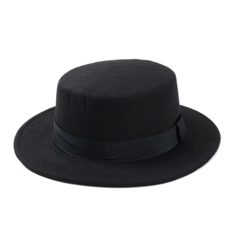 New Fashion Wool Pork Pie Boater Flat Top Hat for Women'S Men'S Felt Wide Brim Fedora Gambler Hat