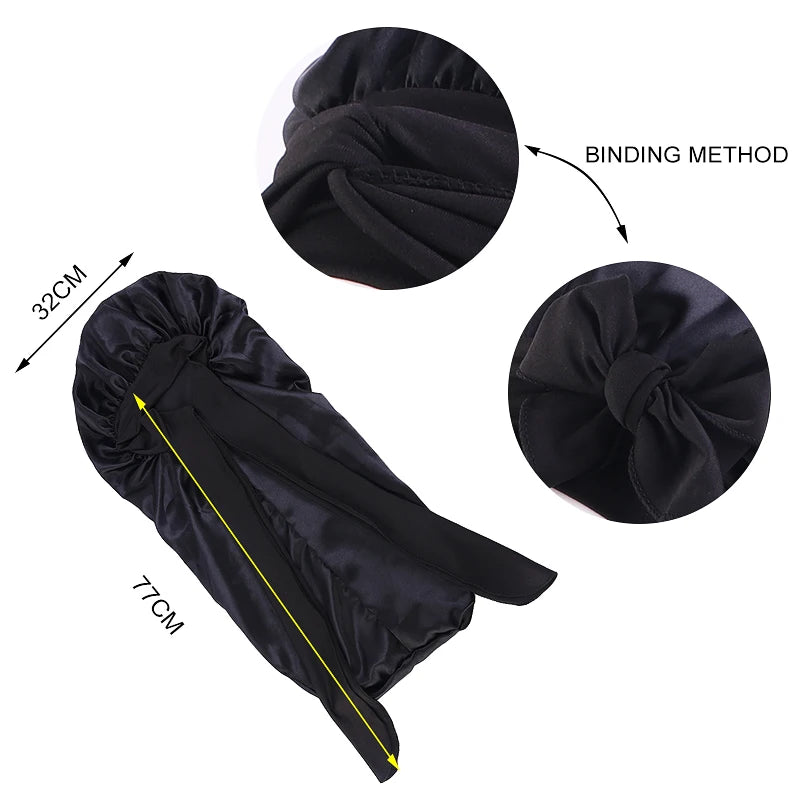 New Women Long Oversized Elastic Satin Bonnet Sleeping Cap with Ribbon Breathable Sleeping Cap Turban Sleep Headwear Bandanas