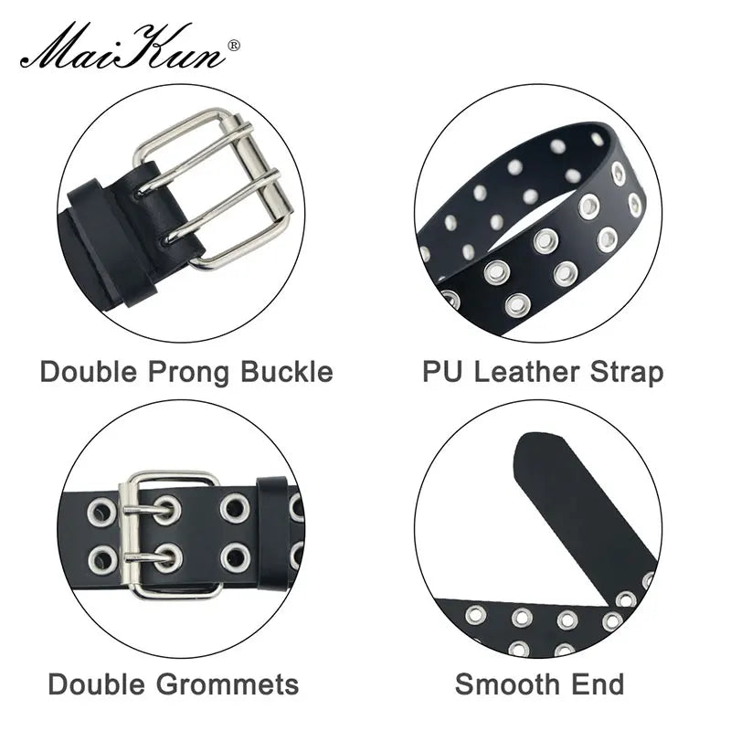 Women Punk Goth Belts Brand Leather Women Grunge Belt Halloween Double Pin Buckle Female Belt for Jeans Streetwear