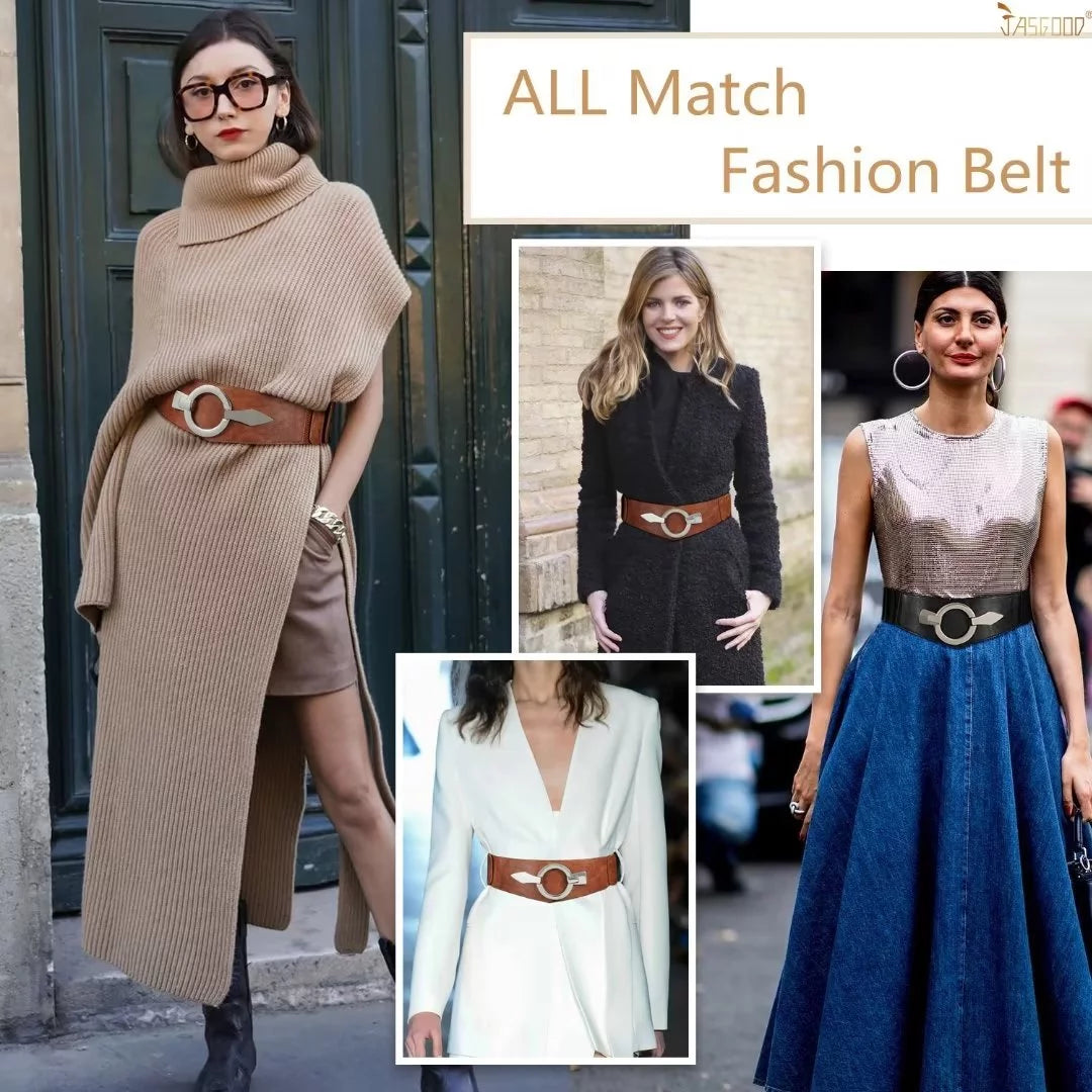 Women Wide Elastic Belt Fashion Vintage Stretch Silver Leather Waist Belts for Dresses