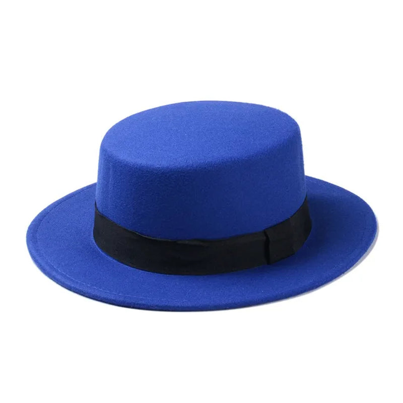 New Fashion Wool Pork Pie Boater Flat Top Hat for Women'S Men'S Felt Wide Brim Fedora Gambler Hat