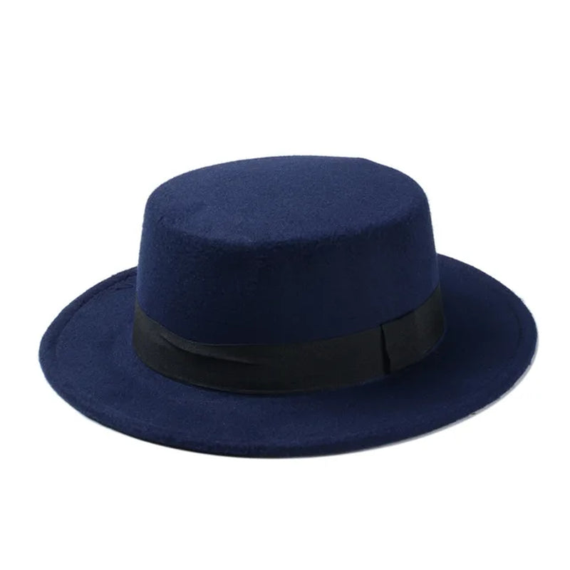 New Fashion Wool Pork Pie Boater Flat Top Hat for Women'S Men'S Felt Wide Brim Fedora Gambler Hat